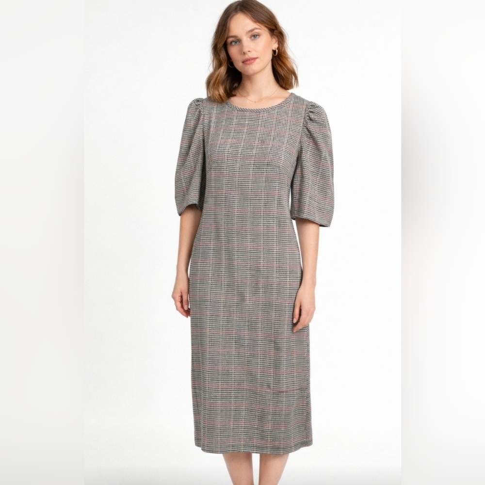 Tacera Herringbone puff sleeves dress Small Cream Pencil Red plaid - Picture 1 of 9
